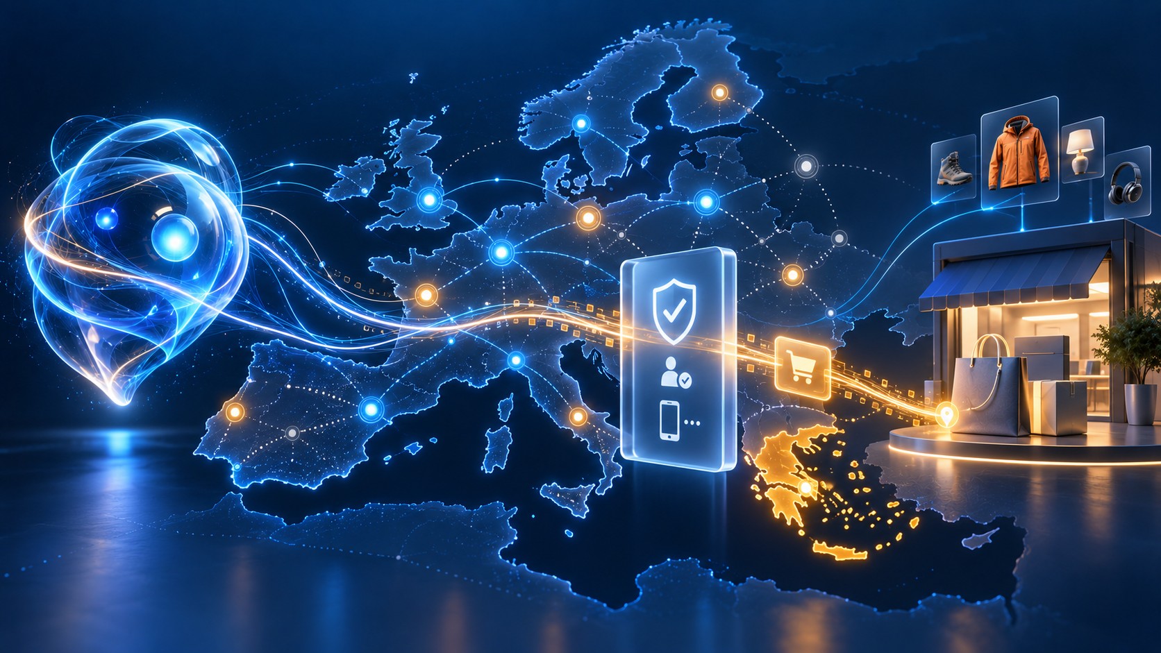 Digital illustration of a map of Europe with glowing network connections, AI assistant icons, and a virtual storefront interface