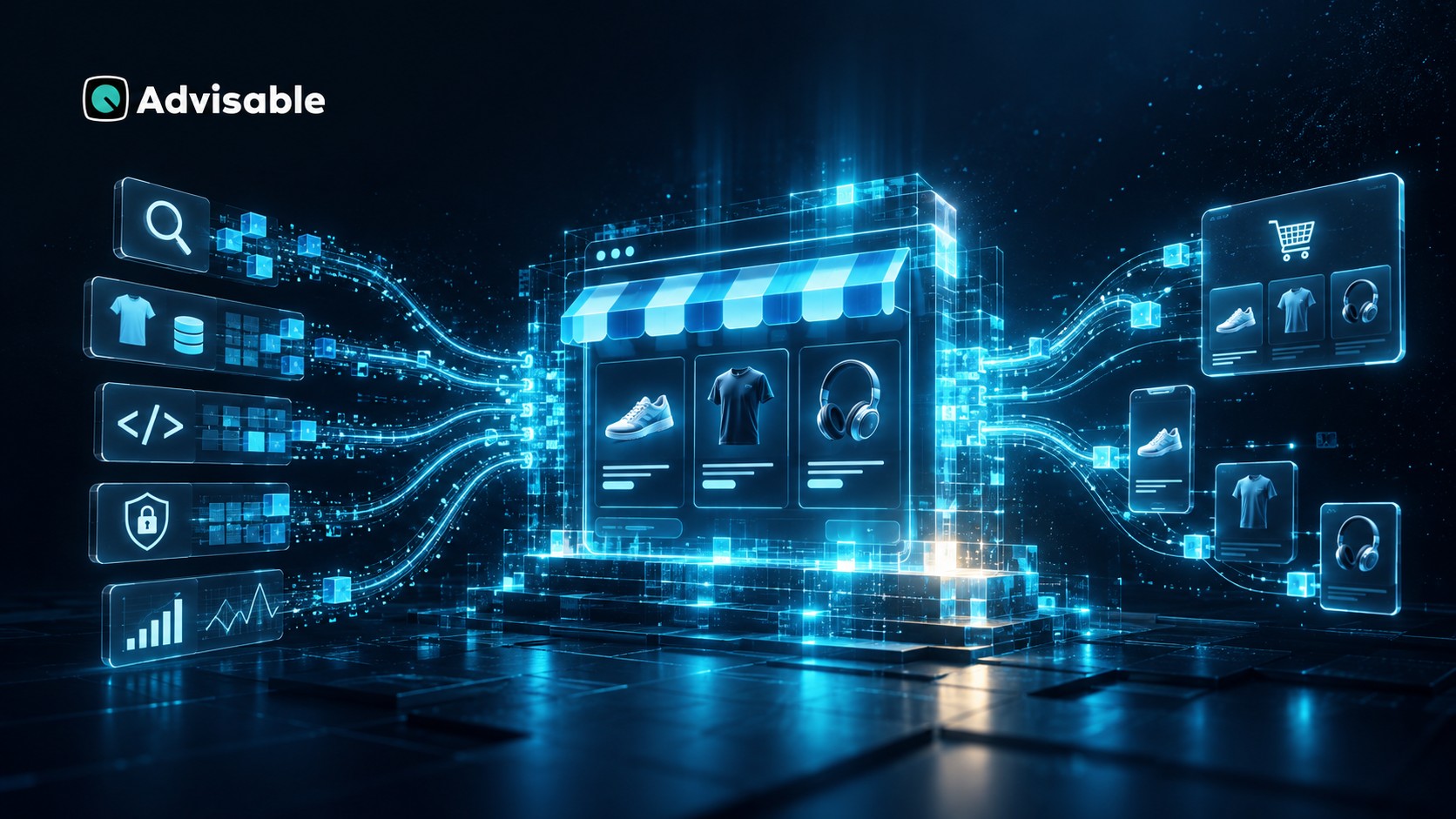 Digital illustration of an e-commerce store interface being connected to AI agent tools
