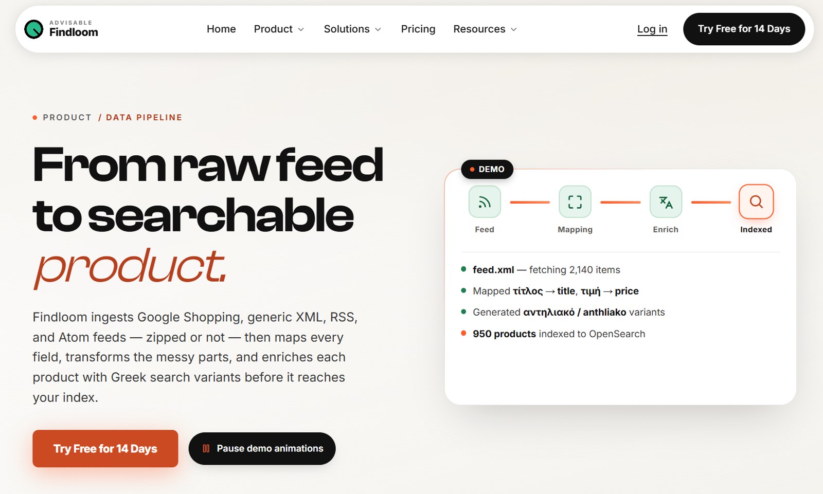 Findloom data pipeline page showing the feed, mapping, enrich and indexed stages