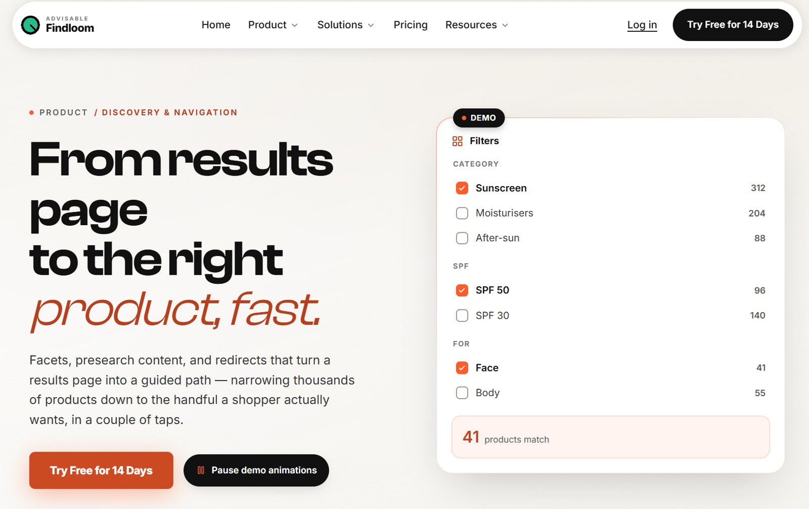 Findloom faceted navigation with category, SPF and usage filters and live product counts