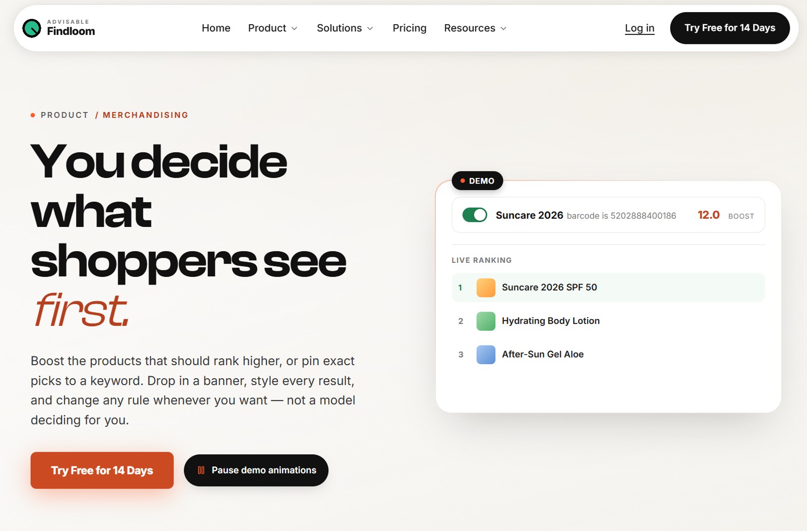 Findloom merchandising rule boosting a product by barcode and the resulting ranking