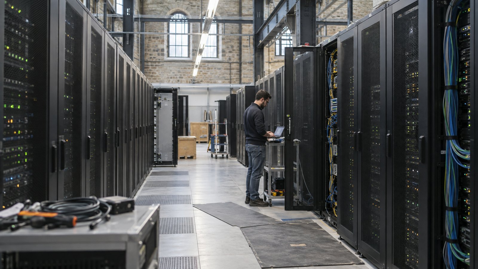 Μηχανικός δουλεύει σε laptop δίπλα σε σειρές από racks servers μέσα σε data centre