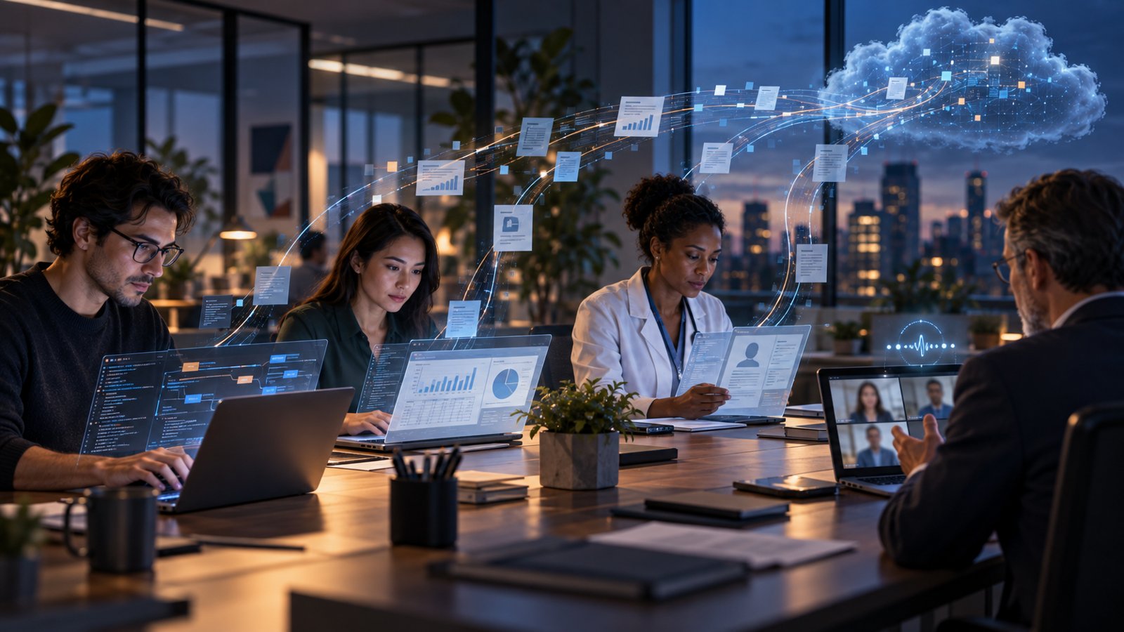 Office team working with digital data overlays