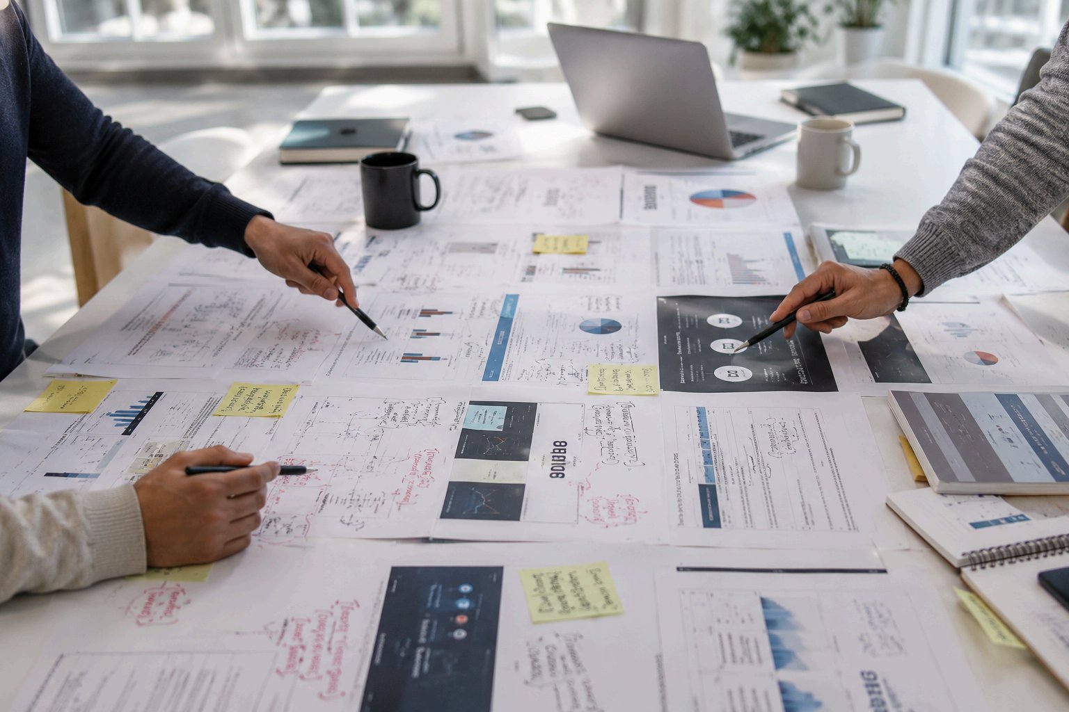 People working around a table covered in charts and sticky notes