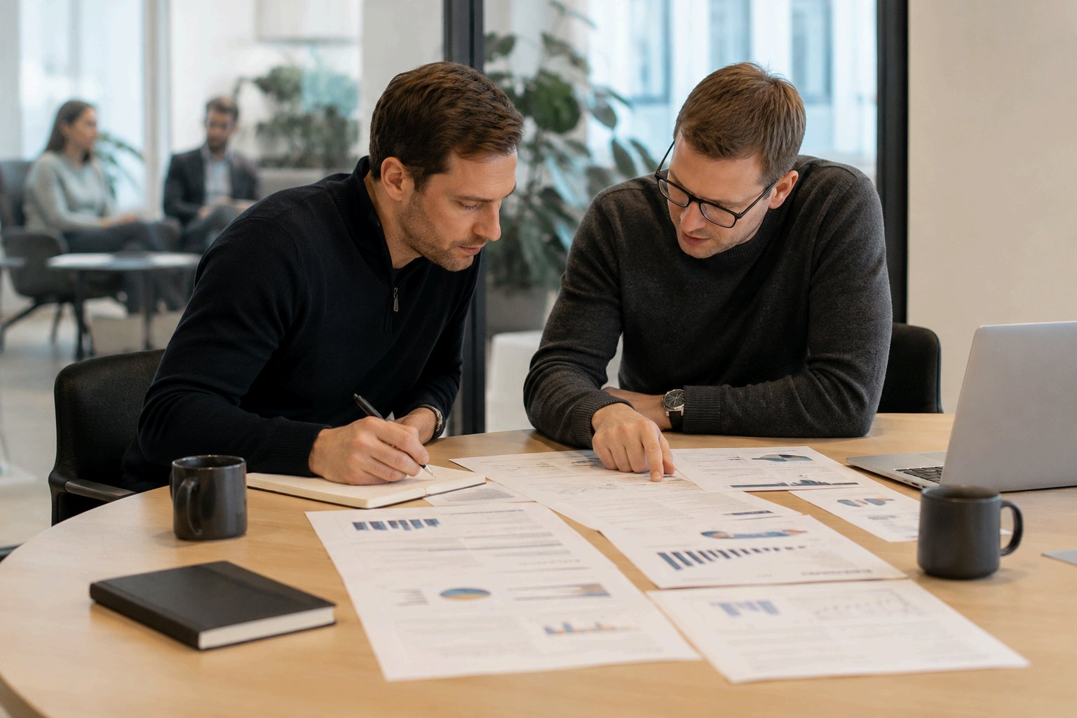 Two men sitting at a table reviewing documents together in an office setting